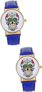 2 Peças Relógio Punk Pulseira Relógio De Couro Relógio Simples Feminino Mão Punk Relógio De Pulso Punk Pulseira De Couro Relógio Pu Couro Azul Caveira Cabeça Relógio Punk Relógio