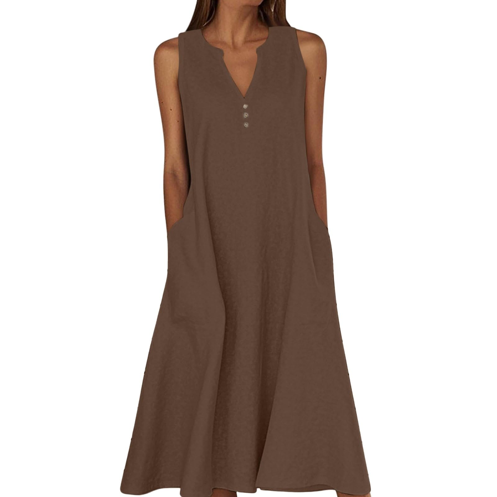 Angxiwan Cotton Summer Dresses for Women UK Summer Dresses for Women UK Beach Loose Fit Sleeveless Linen Sundresses with Pockets Plus Size V-Neck A Line Maxi Beach Dress