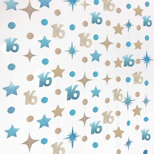 Image of Champagne Gold Blue 16th Birthday Decorations Number 16 Circle Dot Star Garland Glitter Streamer Banner Backdrop for Girls Boys Sweet Sixteen Cheers to 16 Years Old Happy 16th Birthday Party Supplies