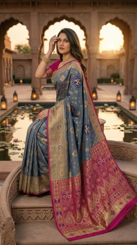 Image of C J Enterprise Women's Pure Soft Silk Saree With Blouse Piece For Wedding (Diamond-Patola)