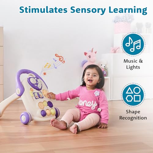 Image of Amazon Brand - Supples Baby Walker with Music, LED Lights & Handle | Push Activity Walker with Water /Sand Tank for Stability | Learning Toy for Toddlers 9+ Months | Beige & Purple