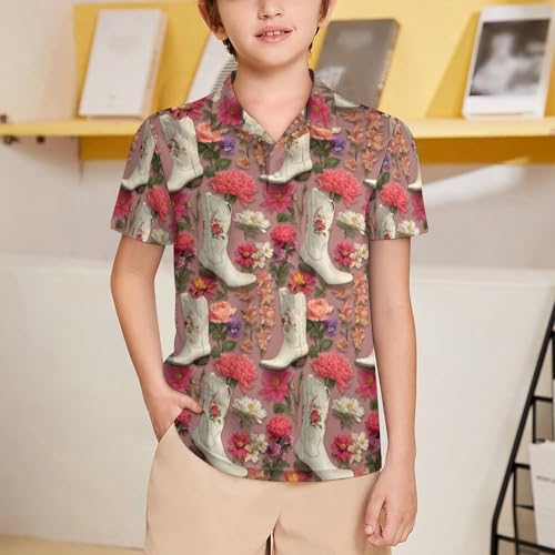 Boys' Classic Polo Shirts Short Sleeve Moisture-Wicking Golf & Tennis Shirts for Youth Teens Western Cowboy Boots Flowers2