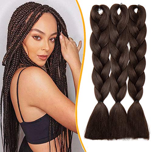 24"(60cm) Extensiones de Pelo Sintético para Hacer Trenzas Africanas Cabello Se Ve Natural Braiding Twist Crochet Hair 3 PCS #Marrón Medio (60cm,300g) Cover