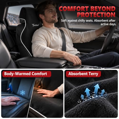 TESFEEL Waterproof Car Seat Cover Towel, Front Seats, Black, 2 Pack | 410 GSM absorbent terry, non-slip backing, machine washable, for gym sweat, damp clothing and outdoor activities - image 7