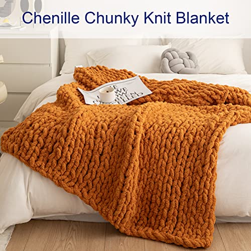 Chunky Knit Blanket Cozy Chenille Throws - 51"X63" -Warm Soft Handmade Knitted Throw Blankets For Couch,Bed,Sofa,Chair,Boho Home Decor(Burnt Orange) #TOP1
