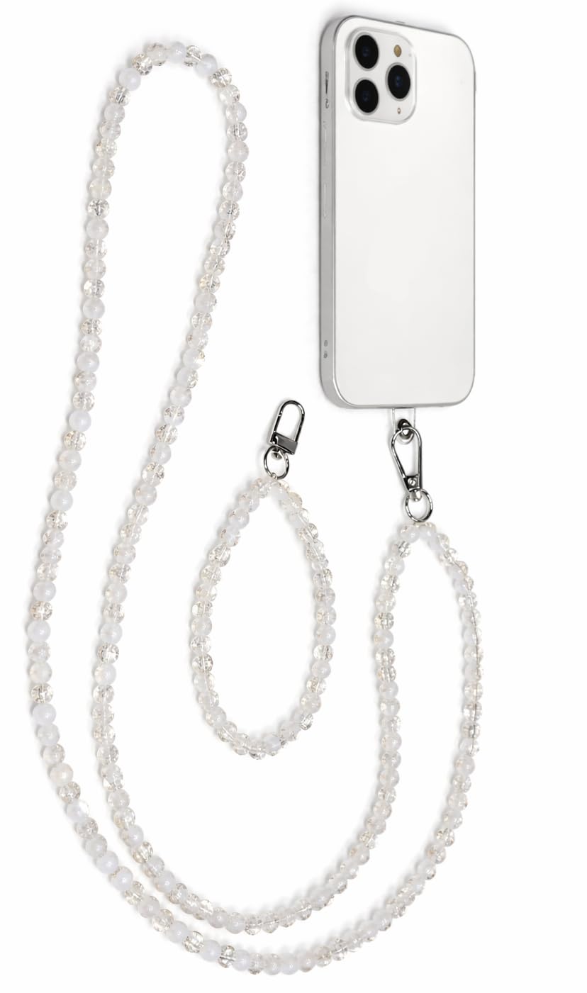 8mm Glass Pearl Phone Lanyard & Wrist Strap Combo – phone sling chain & Hand Strap – Elegant Beaded Phone Charm pearl crossbody strap mobile chain holder for girls-image-34