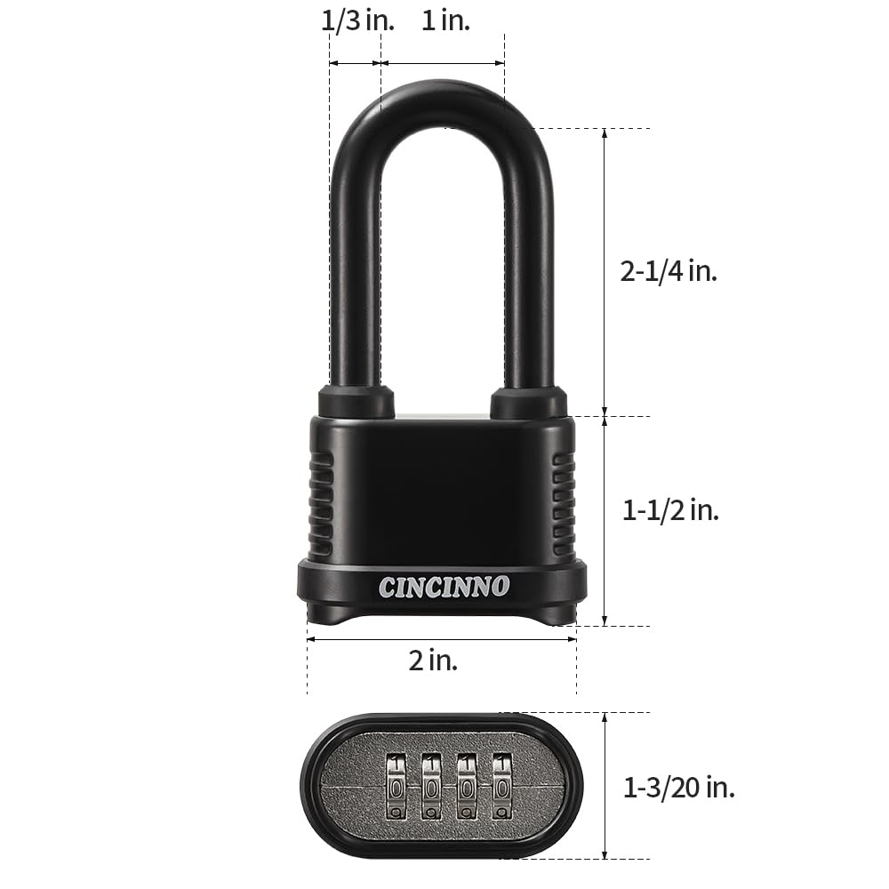 CINCINNO Weatherproof 4 Digit Combination Lock, Heavy Duty Combo Lock with Long Shackle for Outdoor Shed, Garage, Gate, Fence, 12 Pack
