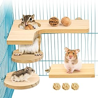 Episkey 4 Pcs Hamster Wooden Platform Set, L-Shaped Large Platform with Holes Natural Wood Parrot Round Standing Board Gerbil Chinchilla Pedal Small Animal Activity Playground Bird Cage Accessories