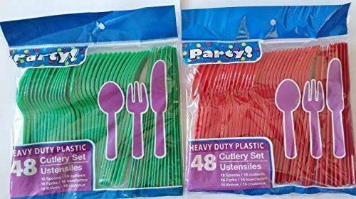 96 ct - 32 spoons, 32 forks, 32 - Heavy Duty Plastic Cutlery Set - Red and Green