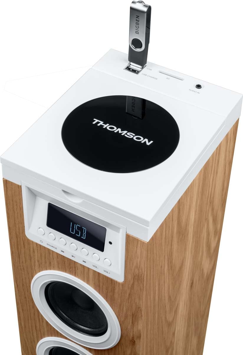 Tour haut-parleur - THOMSON - Blanc/Bois - Bluetooth/CD/USB/SD, 60W, Radio FM, Télécommande, Alim. 230V