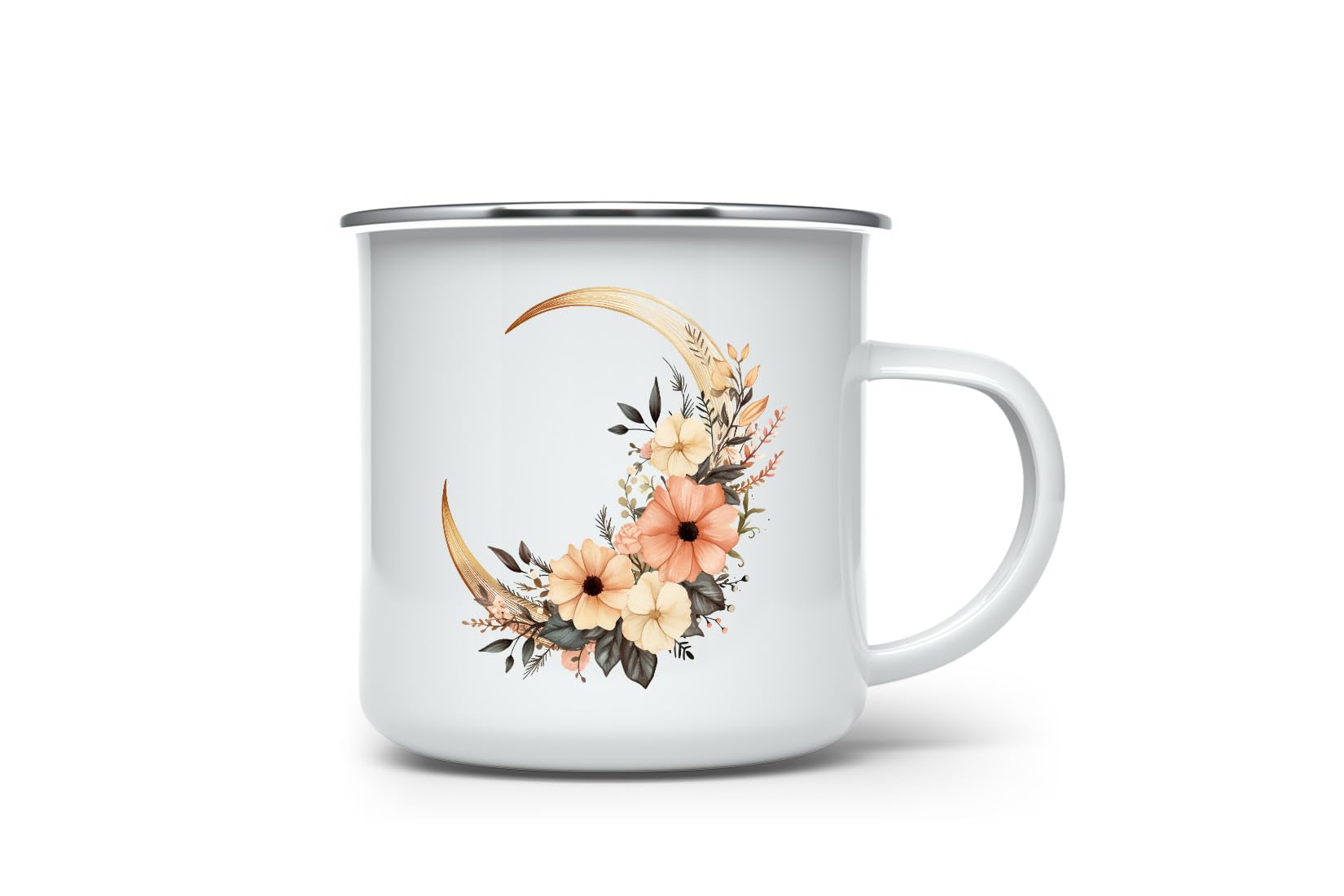 MAXIKIWI - Durable Enamel Coffee or Tea Camping Mug for Indoor Outdoor Use - Floral Boho Moon Png - 350ml