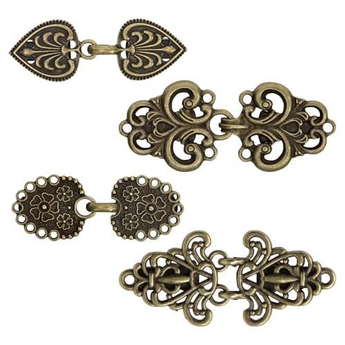 Image of 4 Pairs Vintage Cinch Clip Cloak Clasps and Fasteners, Antique Bronze Sew-on Cape Fastener, Retro Medieval Victorian Cardigan Clips for Sweaters, Celtic Hook and Eye Closure