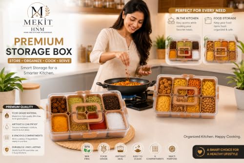 Image of MEKIT Square Masala Box for Kitchen, Plastic Container for keeping Spices, 8 Section Multipurpose Masala Box with Lid (LightPink -8C)