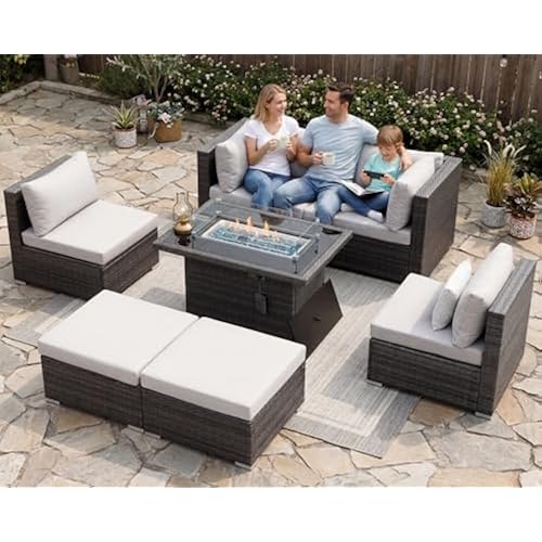 NICESOUL 6 Seats Modern Outdoor Furniture Set with Firepits Natural Gas/Propane, Extra Large Wicker Patio Sofa Sectionals for Outside, 29.3'' High Backrest Modular Deep Seated Conversations, Gray