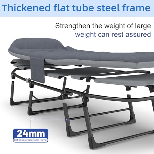 Image of SnozeFlex Chaise Lounge Chair, Folding Cot, 6-Angle Adjustable Camping Cot with Mattress for Patio and Beach, Foldable Bed Portable Heavy Duty Lay Flat Reclining with Pillow (Gray, M - 70'')