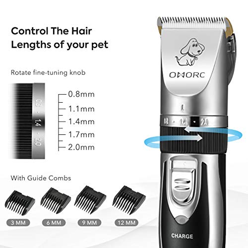 OMORC Dog Clippers, Low Noise Dogs Grooming Kit Rechargeable Cordless Dog Shaver Pet Clippers Professional Dog Hair Trimmer with 4 Comb Guides Scissors Nail Kits for Dogs Cats and Other Animals Silver