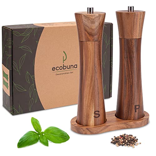 Ecobuna ® Pfeffermühle und Salzmühle aus Akazien Holz mit Untersetzer - Gewürzmühlen Set mit Keramikmahlwerk, Pfeffermühlen, Geschenkidee Küche (ca. 21cm hoch) Cover