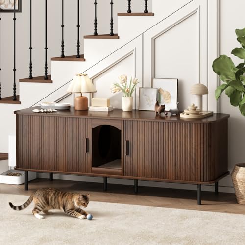 WINWY Double Cat Litter Box Enclosure Furniture 59 Large Litter Box Furniture with Scratching Pad Hidden Wood Pet House for 2 Cats Indoor Modern Fluted Cabinet TV Stand for Living Room Brown