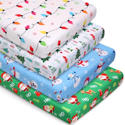 VitalCozy 4 Pcs Christmas Crib Sheets Santa Claus Snowman Tree Light for Boys Girls 52'' x 28'' x 8'' Breathable Newborn Crib Mattress Sheets Fitted...