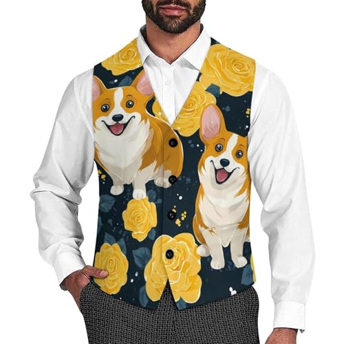 Cute Corgi Dogs Yellow Roses Suit Vest for Men Slim Fit Sleeveless Jacket V Neck Business Waistcoat Button Up Dressy Top