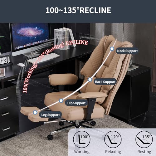 Big and Tall Office Chair 400lbs Wide Seat, Leather High Back Executive Office Chair with Foot Rest, Ergonomic Chairs Lumbar Support for Lower Back Pain Relief (Brown)