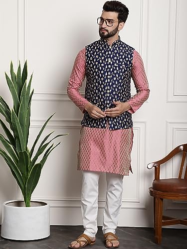 Image of SOJANYA (Since 1958 Men's Cotton Linen Maroon Kurta and White Pyjama with Mustard Cotton Nehru Jacket