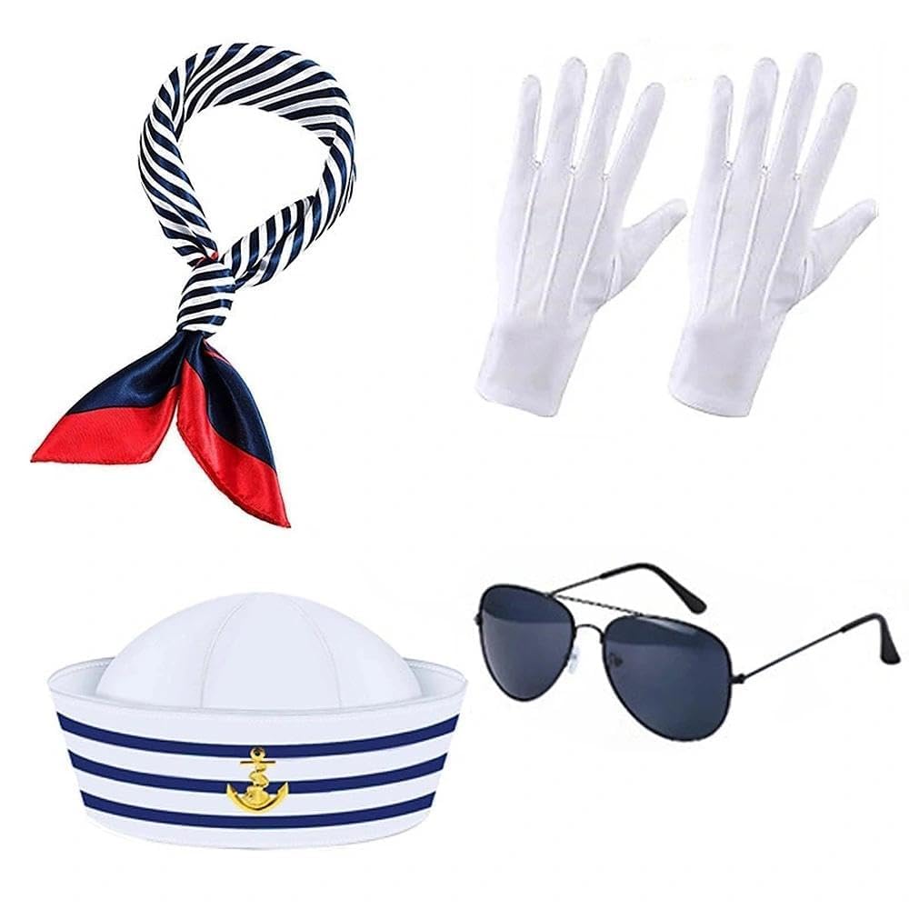 AYZDJ 4PCS Sailor Hat Scarf Glasses Gloves Set – Blue & White Captain Navy Cap with Neck Scarf for Adults, Nautical Theme Party Costume Accessories, Pirate Ship Role Play Fancy Dress for Men Women.