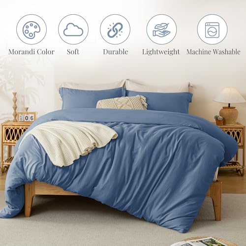 Image of MILDLY Duvet Cover Cal King Ultra Soft Comforter Cover Set 3pcs, Denim | Washed Microfiber Cotton-Like, Breathable Comfort, Hidden Zipper, Corner Ties, OEKO-TEX Certified, Fade Resistant