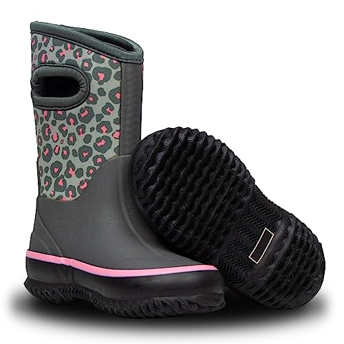 LONECONE Mud Boots for Boys and Girls - Kid-Friendly Insulating All-Weather Warm Neoprene Boots for Snow, Rain, and Muck, Easy-On, Play-Proof, Non-Slip, Durable - Leopard, 7 Toddler