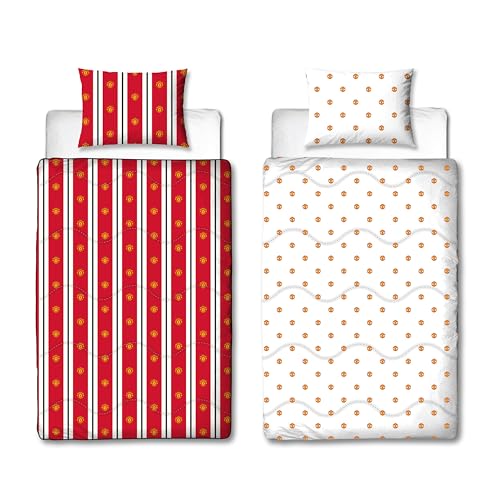 Manchester United FC Parure de lit réversible pour lit Simple avec Housse de Couette et taie d'oreiller - Lavable - 10,5 tog - Rouge et Blanc