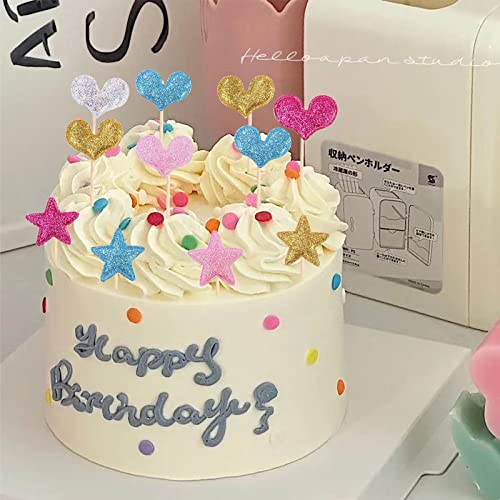 Ziqon 30 Pcs Glitter Heart Cupcake Toppers Colorful Cake Decoration Heart And Star Cake Toppers Cute Party Decoration For Birthday And Baby Shower (Glitter) #TOP5