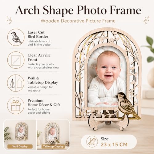Image of Arch Shape Wooden Photo Frame with Laser Cut Bird Border, Decorative Picture Frame with Clear Acrylic Front, Wall & Tabletop Photo Frame for Home Decor, Birthday, Anniversary & Housewarming Gift -23 CM *15 CM