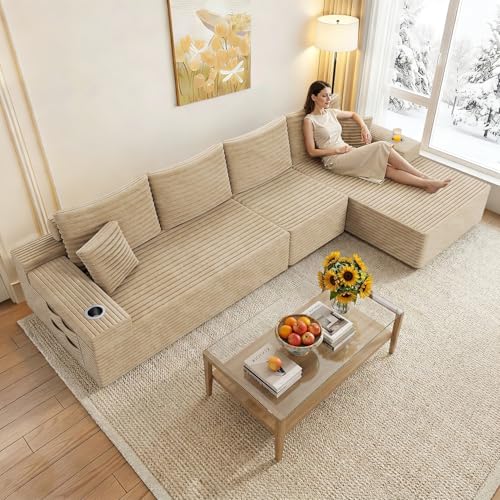 Image of 138 inch Cloud Sectional Couch with L Shape Chaise, Frameless Corduroy Sofa, Higher 17.7 inch Seat Height, 32D Pure Foam, Built in Cup Holders, No Assembly Required (Camel, Right Facing Chaise)