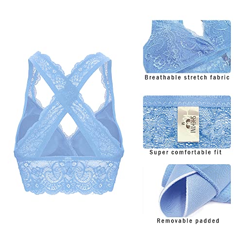 Bralette de encaje SHEKINI azul con espalda cruzada ideal para camisas abiertas y looks urbanos 5