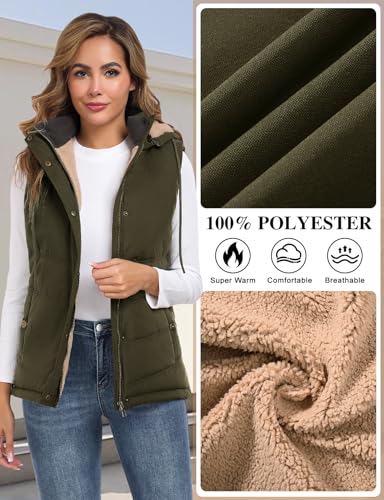 Tuopuda Steppweste Damen Kurz Winterweste Outdoor mit Taschen Gilet Übergangsweste Wintermäntel Pufferjacken Ärmellos Steppjacke Hooded Daunenweste Geschenk für Frauen, Armeegrün, XL