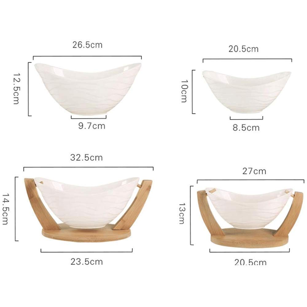 Créatif Bol De Fruits avec Support en Bambou, Berceau Saladier Bol à Collation Aux Fruits Vaisselle en Céramique Blanc,White-32cm(12.8inch)