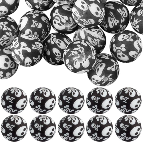 SUNNYCLUE 1 BOX 50PCS Silicone Halloween Spacer Beads Skeleton Beads Small Black White Gothic Skull Head Ghost Soft Spacer Loose Beads Bulk for jewellery Making Beading Kit Bracelets Diy Craft Supplie