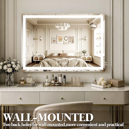 Image of FENNIO Large Vanity Mirror with Lights,35.5 inch x 27 inch LED Makeup Mirror,Hollywood Mirror with 3 Color Modes & Adjustable Brightness,Vanity Mirror Square Pink