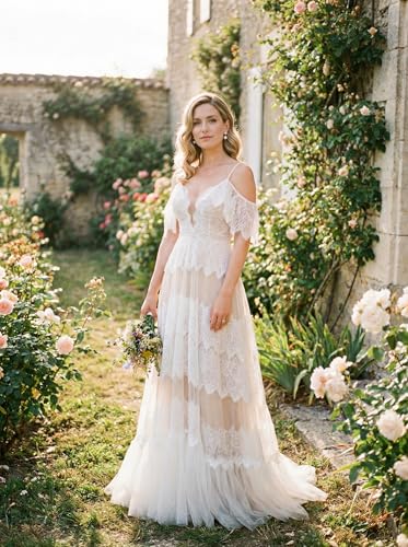 Image of Spaghetti Chiffon Beach Wedding Dress V Neck A line Bridal Gowns Lace Plus Size Wedding Dress