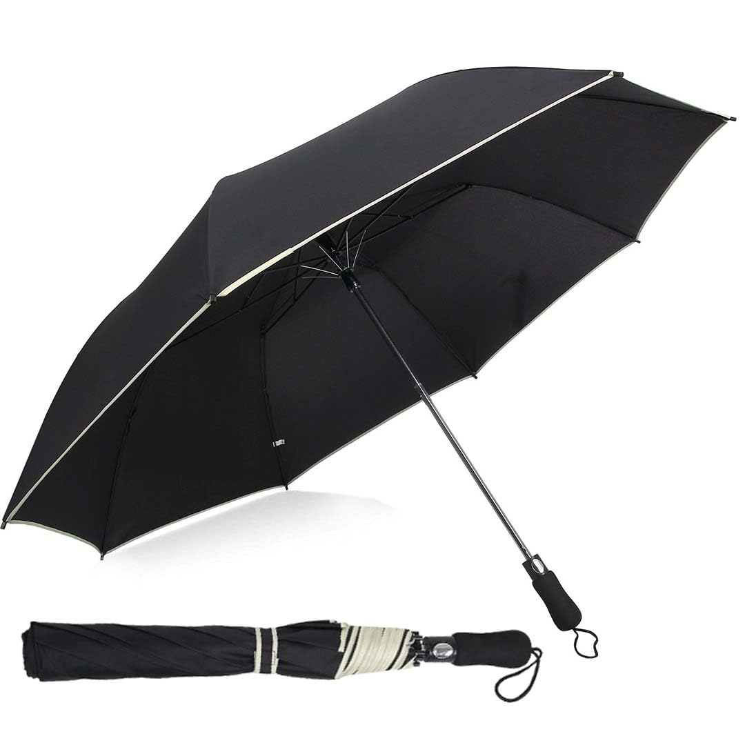 Large Automatic button Umbrella, 56-inch Double Layer with Reflective Stripe Big canopy, 8 Ribs Windproof Design Heavy Material, Black-image-31