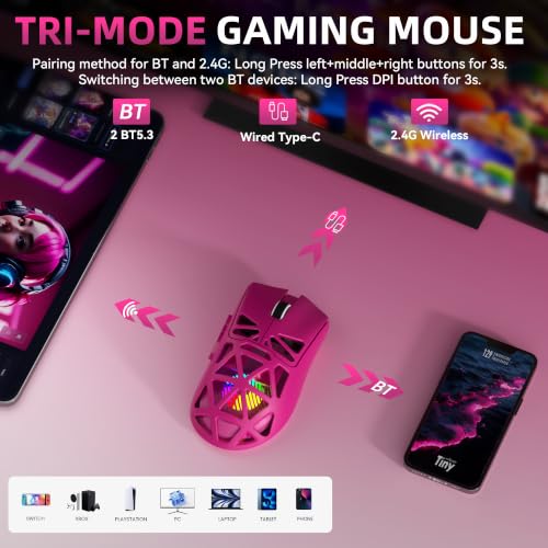 Image of Aula SC620 Wireless Gaming Mouse, Tri-Mode 2.4GHz /USB-C /BT5.3 Computer Mouse with 12000 DPI, Programmable Macro Gamer Mouse with Rapid Fire Key, RGB Light Gaming Mice for PC /Laptop /Mac(Hot Pink)