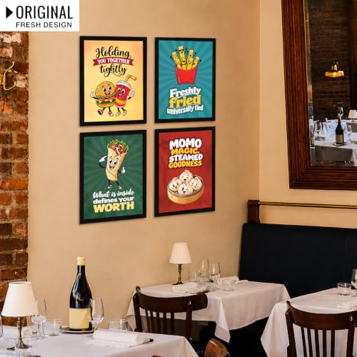 Image of Chaka Chaundh - Restaurant wall decoration items - Cafe quotes wall frames - Food walls frame - funny, cartoonist, fast food wall frame art - Burger wall frame poster, Roll wall frame, - Moms frame poster wall art, - French fries wall art. ( 14X11 inch. Set OF 4 )