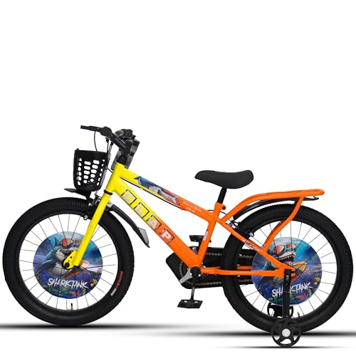 Image of Shark Tank 20 Inch Kids Bicycle with Training Wheels, Front Basket, Water Bottle, Rear Carrier & Full Chain Cover for Boys and Girls Ages 7-9 (Yellow /Orange)