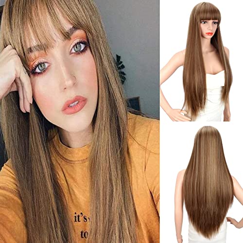 Kalyss 26 pouces perruque brune longue et droite soyeuse pour femmes avec des reflets blonds perruque synthétique...