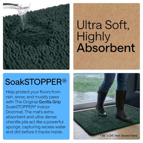 Image of GORILLA GRIP SoakSTOPPER Dog Door Mat, Machine Washable Rug Absorbent Doormat Captures Moisture Mud Dirt, Quick Dry Soft Chenille Entryway Rugs Indoor Entrance Mats for Dog Paws, 24x17 Deep Green