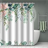 MAHOME Blooming Floral Shower Curtain with 12 Hooks Pink Flowers Green Leaves Shower Curtain Set for...