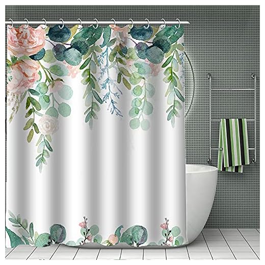 MAHOME Blooming Floral Shower Curtain with 12 Hooks Pink Flowers Green Leaves Shower Curtain Set for Bathroom, Watercolor Boho Bath Curtain Set, Waterproof Fabric Shower Curtain