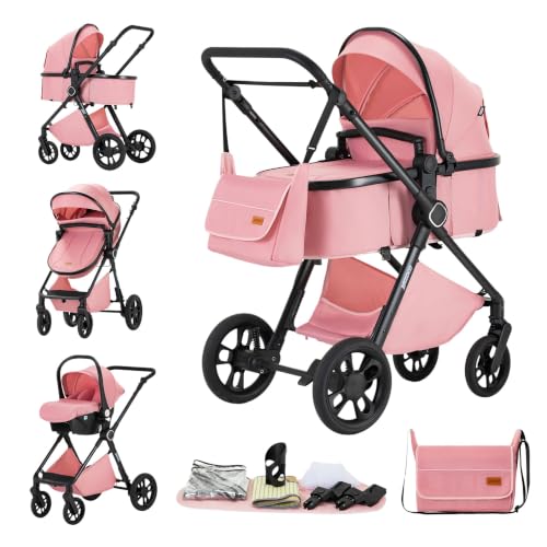 【FUNZIONALE】passeggino 3 in 1 per bambini dalla nascita fino a 25 kg (o 105 cm di altezza o 4 anni, a seconda del caso); Seggiolino 2 in 1: trasforma il passeggino in culla in pochi secondi; Ha un ammortizzatore su tutte e 4 le ruote (gonfiate, in gomma). Dispone di una maniglia parentale regolabile (5 posizioni) e di un comodo freno STOP & RIDE