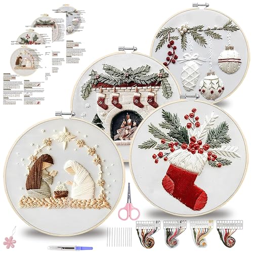 QBQBQ 4 Sets Christmas Embroidery Kits for Adults Embroidery Kit for Beginners Cross Stitch Kits for Beginners with Pattern Needles Threads Tools (Christmas Kits B)