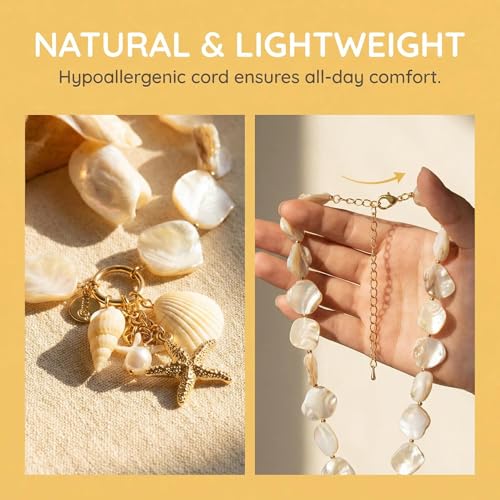Image of Coiris Natural Seashell Choker Necklaces Earrings Jewelry Set for Women Starfish Shell Freshwater Pearl Collar Necklaces for Women Irregular Mother of Pearl Jewelry Set